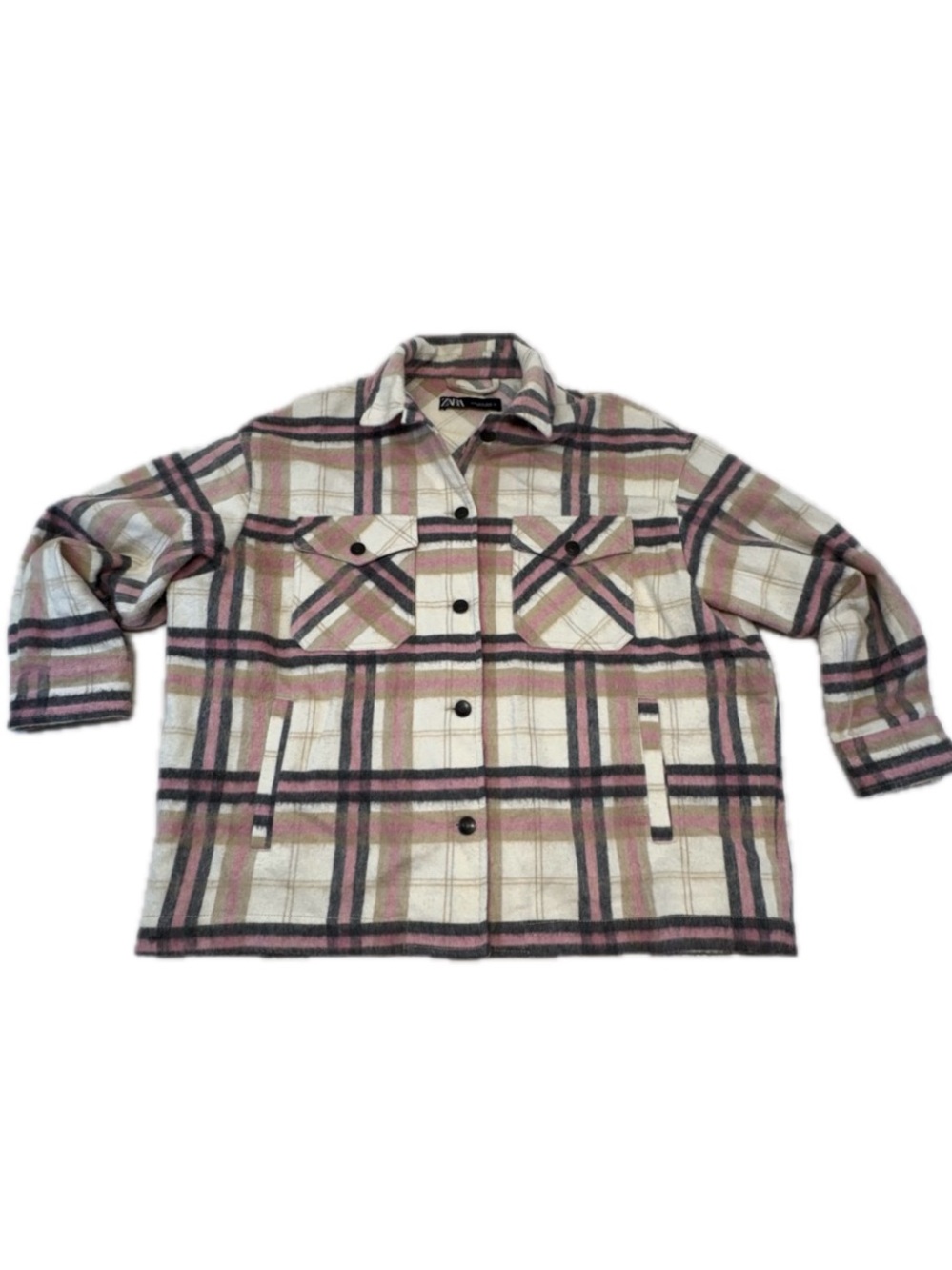 ZARA Pink Plaid Wool Blend Oversized Shacket Jacket XL